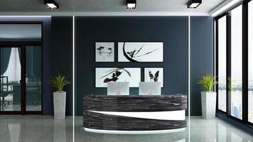 3D Rendering Modern Wooden Reception Room or Front Desk Mockup photo