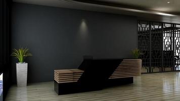 3D Rendering Modern Wooden Reception Room or Front Desk Mockup photo