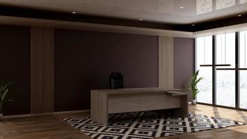 Sala minimalista de oficina de render 3d con interior de diseño de madera foto