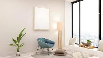 3D Render Blank frame mockup in modern minimalist interior design of living room photo