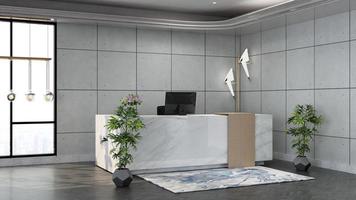 3D Rendering Futuristic Reception Room or Front Desk Mockup photo