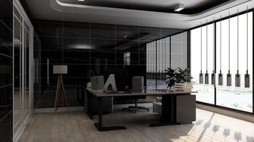 Sala minimalista de oficina de render 3d con interior de diseño de madera foto