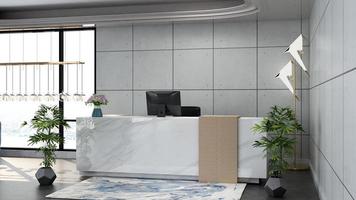 3D Rendering Futuristic Reception Room or Front Desk Mockup photo