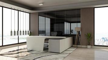 3D Rendering Futuristic Reception Room or Front Desk Mockup photo