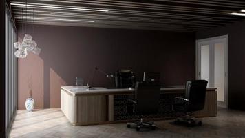 Sala minimalista de oficina de render 3d con interior de diseño de madera foto