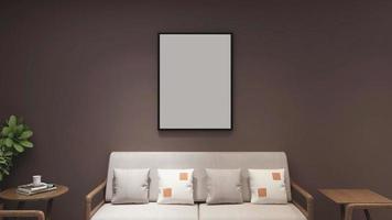 3D Render Blank frame mockup in modern minimalist interior design of living room photo