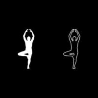el hombre se para en la posición de loto haciendo yoga conjunto de iconos de silueta ilustración de color blanco estilo plano imagen simple vector