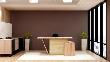 3D Rendering Modern Wooden Reception Room or Front Desk Mockup photo