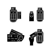 NFC payment glyph icons set. POS terminal, NFC manicure, credit cards. Silhouette symbols. Vector isolated illustration