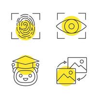 Machine learning linear icons set. Fingerprint scanning, iris recognition, teacher bot, data transforming. Thin line contour symbols with yellow circles. Isolated vector outline illustrations