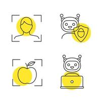 Machine learning linear icons set. Facial recognition, secured chatbot, object detection app, chat bot. Thin line contour symbols with yellow circles. Isolated vector outline illustrations