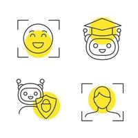 Machine learning linear icons set. Emotion detection, facial recognition, teacher bot, secured chatbot. Thin line contour symbols with yellow circles. Isolated vector outline illustrations