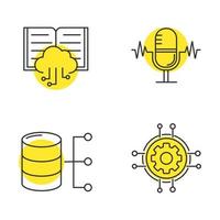 conjunto de iconos lineales de aprendizaje automático. reconocimiento de voz, computación en la nube, base de datos relacional, escenarios digitales. símbolos de contorno de línea delgada con círculos amarillos. Ilustraciones de vectores aislados