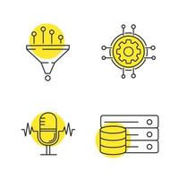 conjunto de iconos lineales de aprendizaje automático. filtrado de datos, configuración digital, reconocimiento de voz, base de datos. símbolos de contorno de línea delgada con círculos amarillos. Ilustraciones de vectores aislados