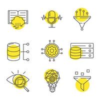 Machine learning linear icons set. Artificial intelligence. Database. AI. Digital technology. Thin line contour symbols with yellow circles. Isolated vector outline illustrations