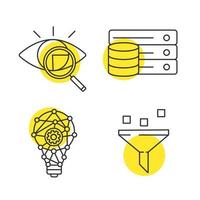 Machine learning linear icons set. Retina scan, database, innovation process, data filtering. Thin line contour symbols with yellow circles. Isolated vector outline illustrations