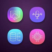 Machine learning app icons set. Voice recognition, cloud computing, relational database, digital settings. UI UX user interface. Web or mobile applications. Vector isolated illustrations