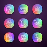 E-payment app icons set. Electronic money. Cashless and contactless payments. Digital purchase. Online banking. UI UX user interface. Web or mobile applications. Vector isolated illustrations