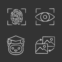 Machine learning chalk icons set. Fingerprint scanning, iris recognition, teacher bot, data transforming. Isolated vector chalkboard illustrations