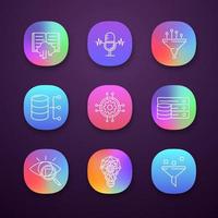 Machine learning app icons set. UI UX user interface. Artificial intelligence. Database. AI. Digital technology. Web or mobile applications. Vector isolated illustrations