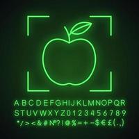 Object detection app neon light icon. Deep learning. Artificial intelligence. Apple in focus. Glowing sign with alphabet, numbers and symbols. Vector isolated illustration