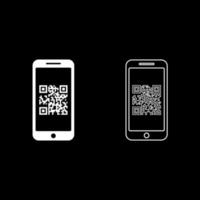 Smartphone with QR code on screen icon outline set white color vector illustration flat style image