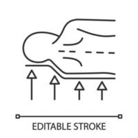 Orthopedic mattress linear icon. Thin line illustration. Anatomic memory foam mattress. Orthopedic spine support. Correct sleeping position. Contour symbol. Vector isolated drawing. Editable stroke