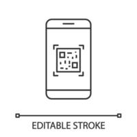 QR code scanning smartphone app linear icon. Matrix barcode scanner. Thin line illustration. 2D code mobile phone reader. Contour symbol. Vector isolated outline drawing. Editable stroke