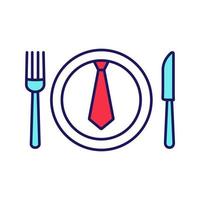 almuerzo de negocios, icono de color de la cena. hablando de negocios durante la comida. cuchillo de mesa, tenedor y plato con lazo interior. ilustración vectorial aislada vector