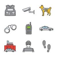 Police color icons set. Bulletproof vest, surveillance camera, military dog, handcuffs, walkie talkie, car, police station, robber, footprints. Isolated vector illustrations