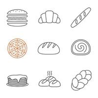 conjunto de iconos lineales de panadería. hamburguesa, croissant, baguette, pizza, pan redondo, panecillo suizo, panqueques, panecillos, jalá. símbolos de contorno de línea delgada. Ilustraciones de vectores aislados