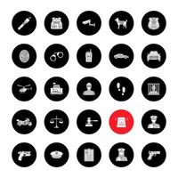 Police glyph icons set. Law enforcement. Transport, protection equipment, weapon. Vector white silhouettes illustrations in black circles