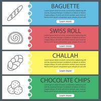 Bakery web banner templates set. Baguette, swiss roll, challah, chocolate chips. Website color menu items with linear icons. Vector headers design concepts