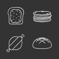 conjunto de iconos de tiza de panadería. tostadas con mermelada, pila de panqueques, rodillo y masa, pan de centeno. Ilustraciones de vector pizarra