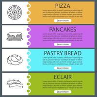 Bakery web banner templates set. Pizza, pancakes, pastry bread, eclair. Website color menu items with linear icons. Vector headers design concepts