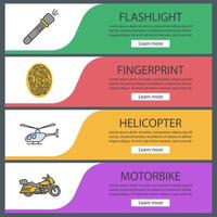 Police web banner templates set. Flashlight, fingerprint, helicopter, motorbike. Website color menu items. Vector headers design concepts