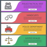 Police web banner templates set. Bulletproof vest, handcuffs, police department, justice scales. Website color menu items. Vector headers design concepts