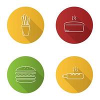 Bakery flat linear long shadow icons set. Grissini, brick bread loaf, burger, french hot dog. Vector outline illustration