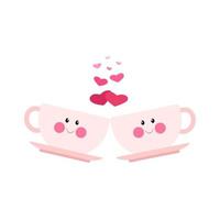 Two cute pink mugs with face, valentines day. Vector illustration in flat cartoon style