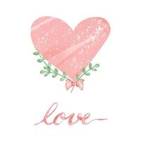 vector - pintura digital de acuarela de globo de corazón rosa con hojas verdes y letras de amor.