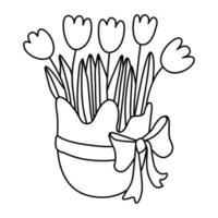 Eggshell with spring tulip flowers decorated with bow ribbon. Great for Easter greeting cards, coloring books. Doodle hand drawn illustration black outline. vector