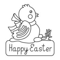 A cute sitting little chicken with a big ribbon bow isolated on white background. Great for Easter greeting cards,  coloring books. Doodle hand drawn style, black outline. Happy Easter lettering.