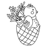 Cute little chicken in egg decorated with spring flowers. Great for Easter greeting cards, coloring books. Doodle hand drawn illustration black outline. vector