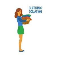 Woman holding a box with her clothes. Charity concept. Clothing donation lettering. Mindful lifestyle. Illustration isolated on white background. vector