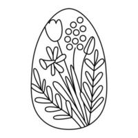 Cute egg decorated with mimosa and tulip spring flowers. Great for Easter greeting cards, coloring books. Doodle hand drawn illustration black outline. vector