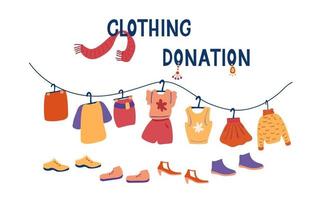 Clothing donation. Lettering and illustration isolated on white background. Set of clothes, accessories and shoes for charity. Mindful lifestyle. vector