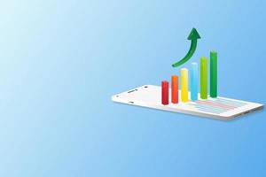 concepto de crecimiento del negocio en el gráfico de barras móvil y colorido en el teléfono inteligente con fondo de color azul. vector
