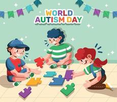día mundial del autismo con niños jugando pieza de rompecabezas vector