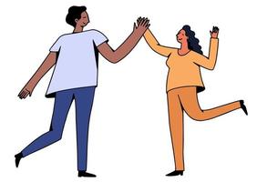 People giving high five. Two characters gesturing together. Couple or family or friends partying. Cheerful man and woman happy of results, different nations informal greeting. Vector illustration