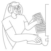 Gaming young man in headphones smiling playing on computer. Vector linear illustration